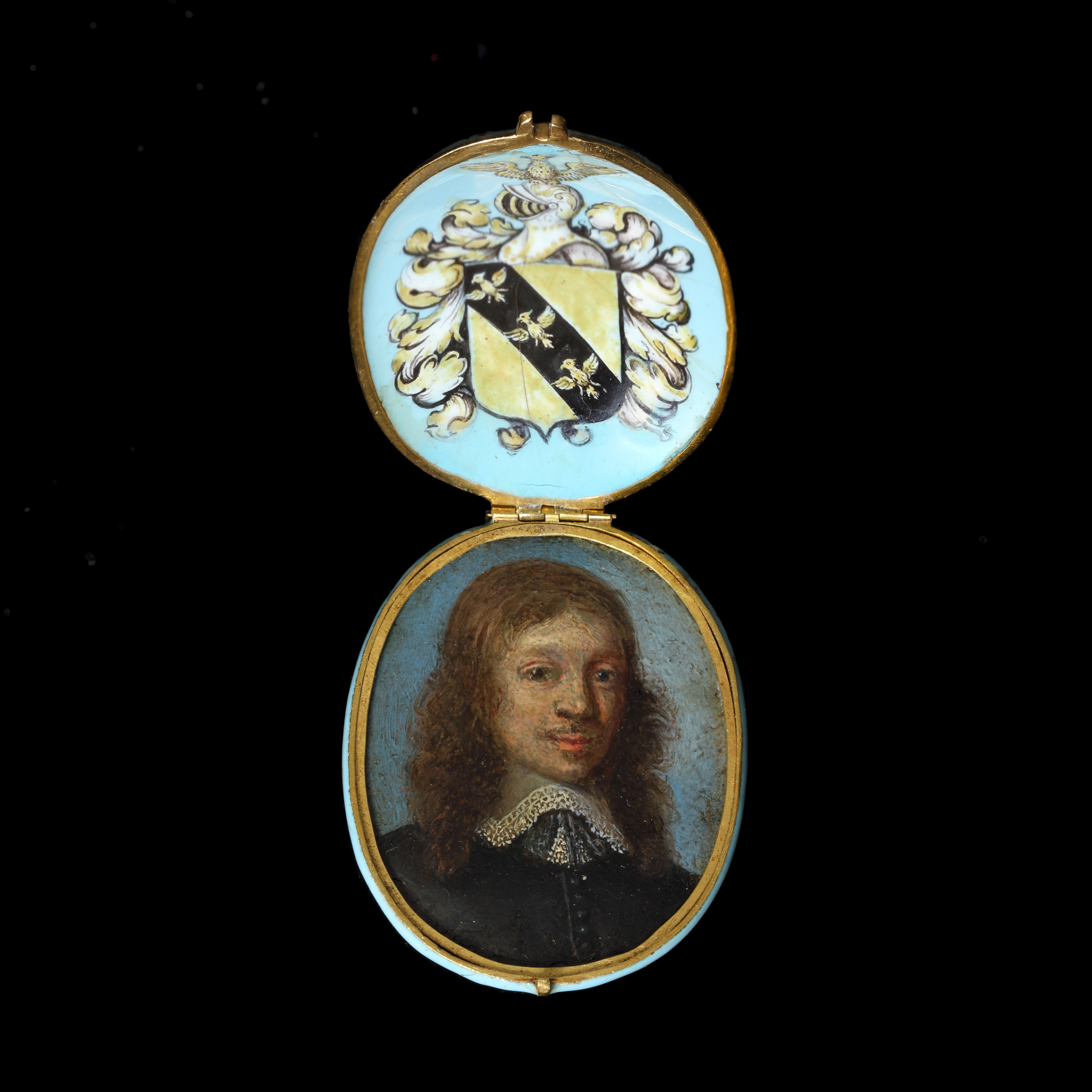 Portrait of Gentleman, possibly a member of the Ernle family, wearing black doublet and white lace collar drawn with tassels, his natural hair worn to his shoulders
